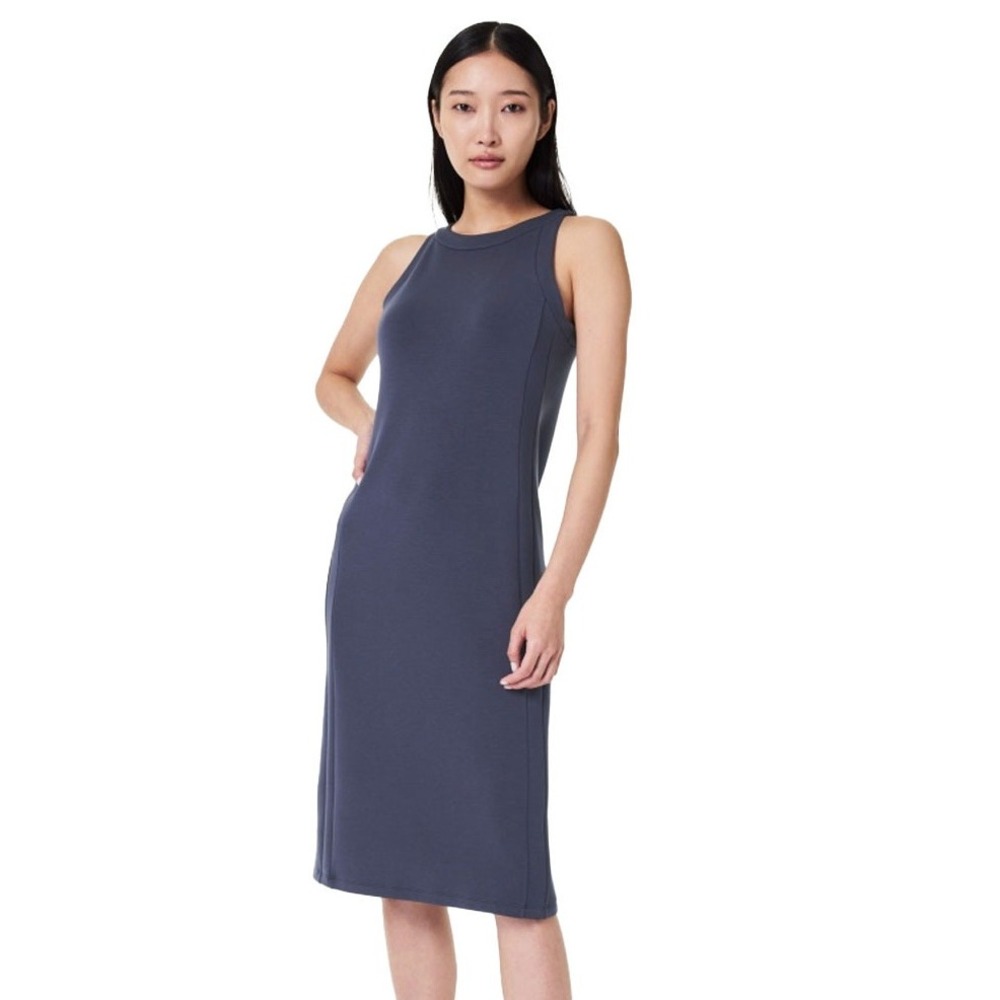 Spanx Aire‎ Side Stripe Midi Dress Sleeveless Dress Small Gray Blue High Neck